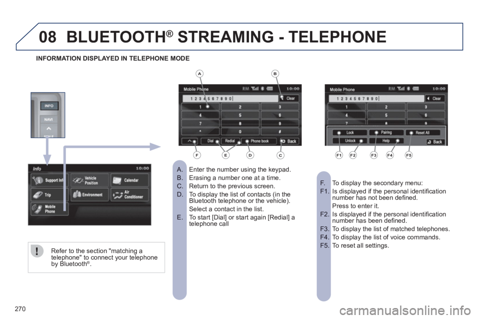 PEUGEOT 4008 2012 Owners Manual 270
08BLUETOOTH® STREAMING - TELEPHONE®
Enter the number using the keypad.
A.
Erasing a number one at a time.B.
Return to the previous screen. C.
To display the list of contacts (in t PEUGEOT 4008 2012 Owners Manual 270
08BLUETOOTH® STREAMING - TELEPHONE®
Enter the number using the keypad.
A.
Erasing a number one at a time.B.
Return to the previous screen. C.
To display the list of contacts (in t