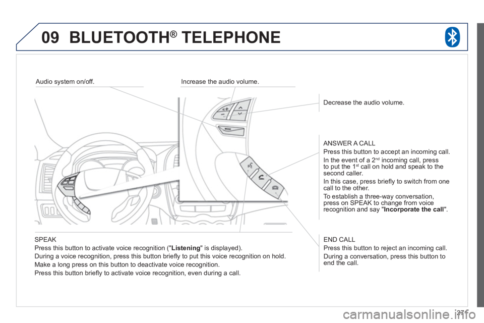 PEUGEOT 4008 2012 Owners Manual 271
09BLUETOOTH ® TELEPHONE ®
SPEAK
Press this button to activate voice recognition
(" Listening
" is displayed).
Durin
g a voice recognition, press this button briefl y to put this voi PEUGEOT 4008 2012 Owners Manual 271
09BLUETOOTH ® TELEPHONE ®
SPEAK
Press this button to activate voice recognition
(" Listening
" is displayed).
Durin
g a voice recognition, press this button briefl y to put this voi
