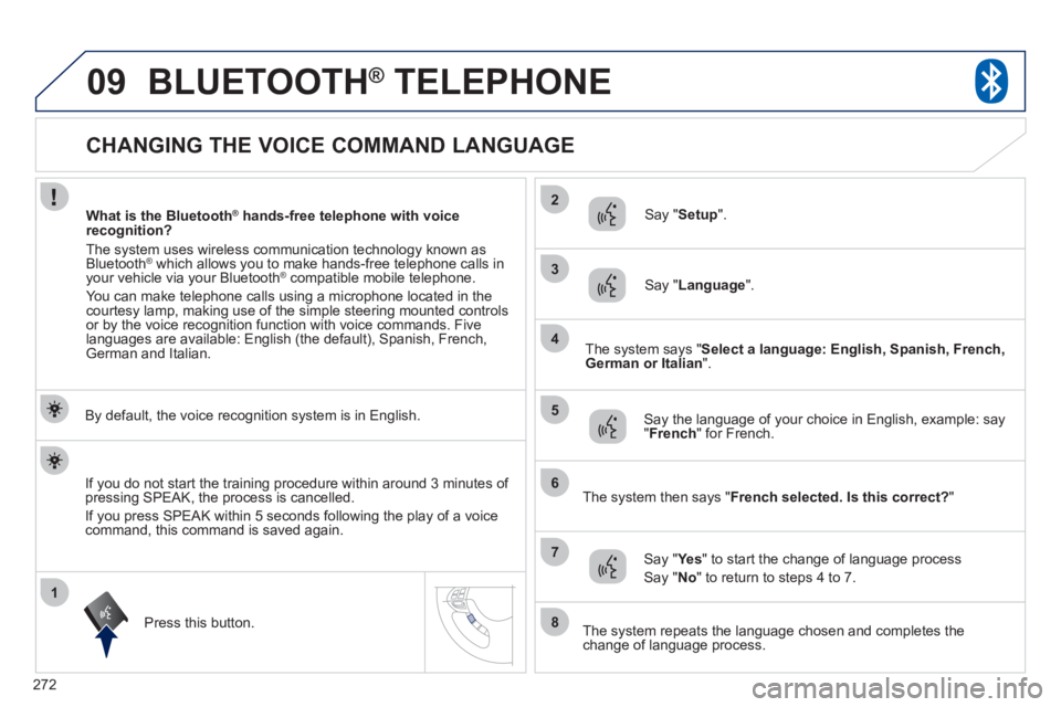 PEUGEOT 4008 2012  Owners Manual 272
1
2
3
09
4
5
6
7
8
   
 
 
 
 
 
 
 
 
 
 
 
 
 
CHANGING THE VOICE COMMAND LANGUAGE 
BLUETOOTH® 
 TELEPHONE®
 
 
By default, the voice recognition system is in English.  
Pr
ess this button.   