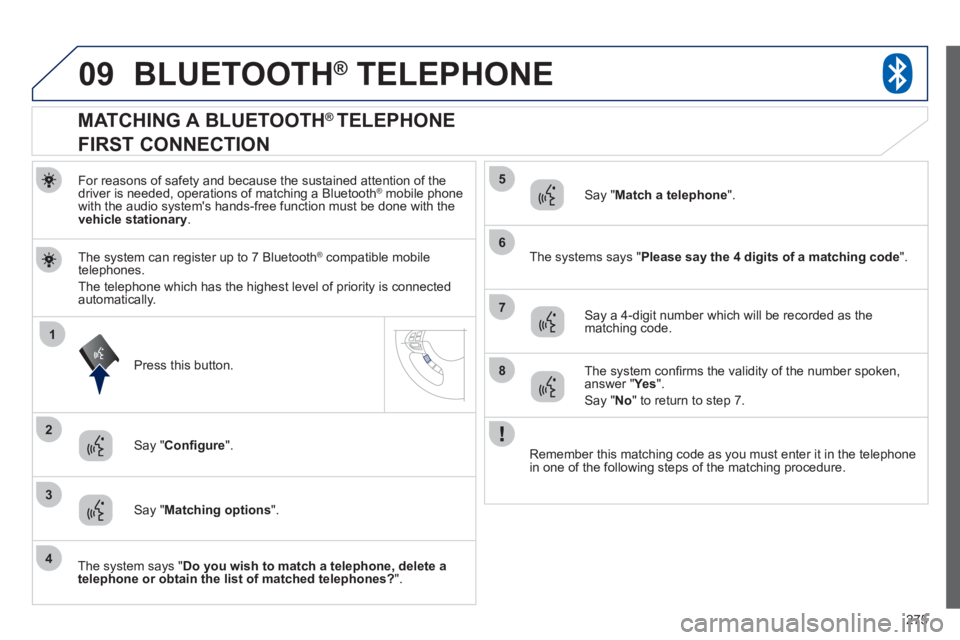 PEUGEOT 4008 2012 Owners Manual 275
09
1
3
6
8
2
5
7
4
BLUETOOTH® TELEPHONE®
For reasons of safety and because the sustained attention of the
driver is needed, operations of matching a Bluetooth ®mobile phone
with the audio s PEUGEOT 4008 2012 Owners Manual 275
09
1
3
6
8
2
5
7
4
BLUETOOTH® TELEPHONE®
For reasons of safety and because the sustained attention of the
driver is needed, operations of matching a Bluetooth ®mobile phone
with the audio s