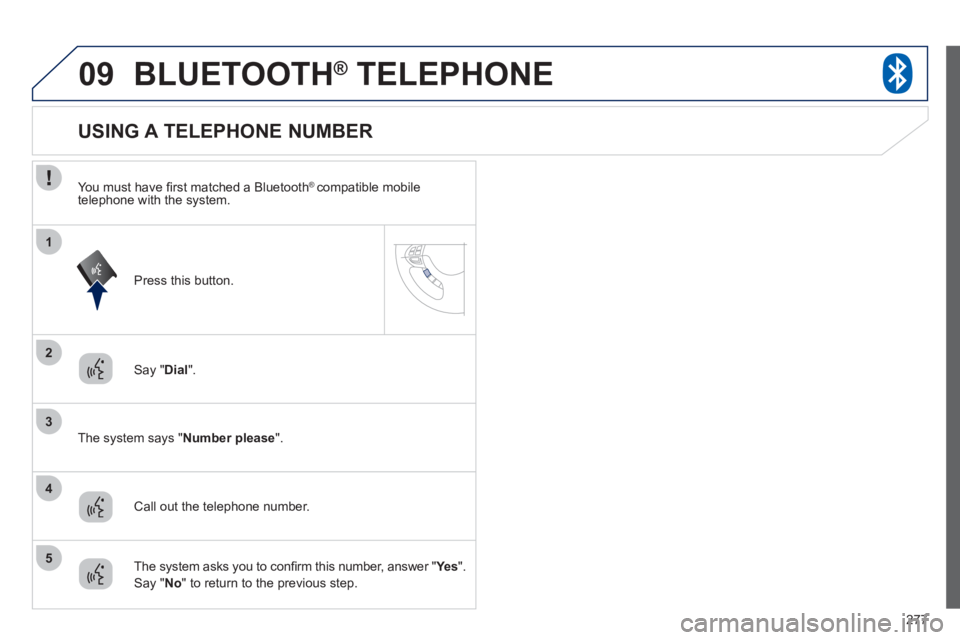 PEUGEOT 4008 2012 Owners Manual 277
09
2
3
1
4
5
BLUETOOTH® TELEPHONE®
Say "Dial ".
The system says "Number
please
".
USING A TELEPHONE NUMBER
Call out the telephone number. PEUGEOT 4008 2012 Owners Manual 277
09
2
3
1
4
5
BLUETOOTH® TELEPHONE®
Say "Dial ".
The system says "Number
please
".
USING A TELEPHONE NUMBER
Call out the telephone number.