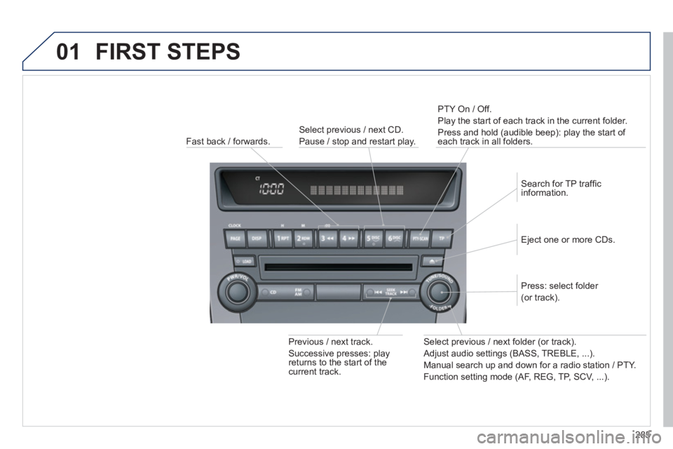 PEUGEOT 4008 2012 Owners Manual 285
01 FIRST STEPS
Fast back / forwards. PTY
On / Off.
Pla
y the start of each track in the current folder.
Press and hold
(audible beep): play the start of each track in all folders.
Pr
evio PEUGEOT 4008 2012 Owners Manual 285
01 FIRST STEPS
Fast back / forwards. PTY
On / Off.
Pla
y the start of each track in the current folder.
Press and hold
(audible beep): play the start of each track in all folders.
Pr
evio