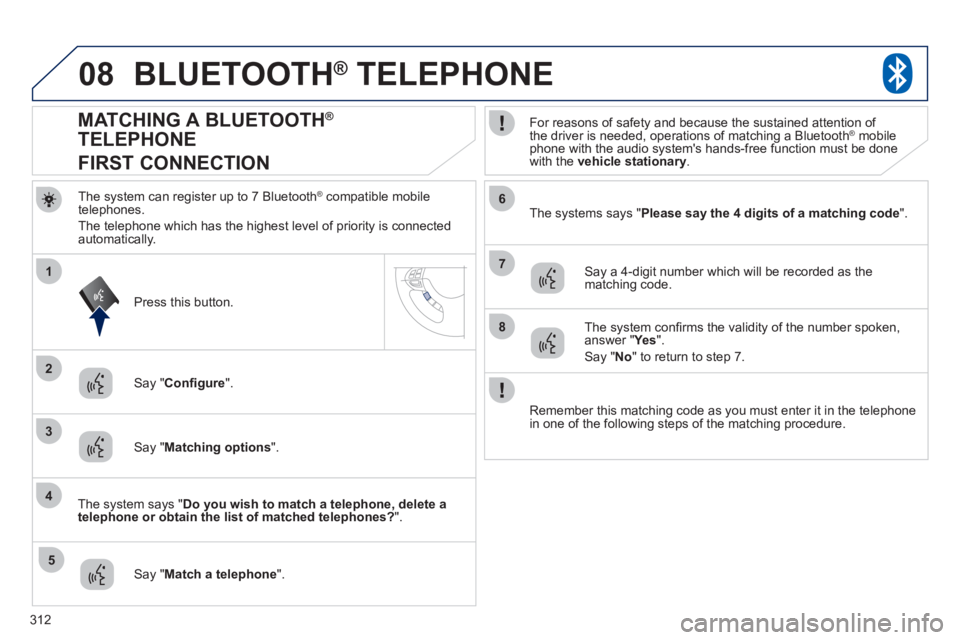 PEUGEOT 4008 2012 Owners Manual 312
08
2
4
1
6
8
3
5
7
BLUETOOTH® TELEPHONE®
The system can register up to 7 Bluetooth ®compatible mobile
telephones.
The telephone which has the hi
ghest level of priority is connectedautomatic PEUGEOT 4008 2012 Owners Manual 312
08
2
4
1
6
8
3
5
7
BLUETOOTH® TELEPHONE®
The system can register up to 7 Bluetooth ®compatible mobile
telephones.
The telephone which has the hi
ghest level of priority is connectedautomatic