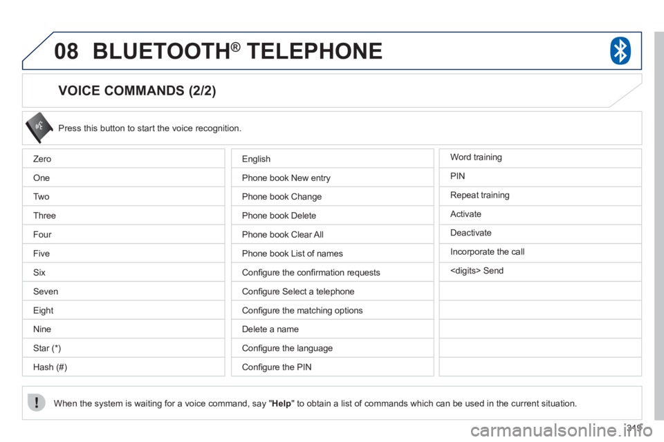 PEUGEOT 4008 2012 Owners Manual 319
08BLUETOOTH® TELEPHONE®
VOICE COMMANDS (2/2)
Press this button to start the voice recognition.
When the system is waiting
for a voice command, say "Help" to obtain a list of commands PEUGEOT 4008 2012 Owners Manual 319
08BLUETOOTH® TELEPHONE®
VOICE COMMANDS (2/2)
Press this button to start the voice recognition.
When the system is waiting
for a voice command, say "Help" to obtain a list of commands