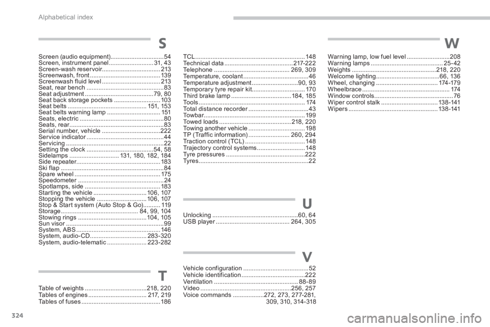 PEUGEOT 4008 2012 Owners Manual 324Alphabetical index
Screen (audio equipment)...............................54Screen, instrument panel..........................31,43Screen-wash reservoir..................................213Screenwa PEUGEOT 4008 2012 Owners Manual 324Alphabetical index
Screen (audio equipment)...............................54Screen, instrument panel..........................31,43Screen-wash reservoir..................................213Screenwa