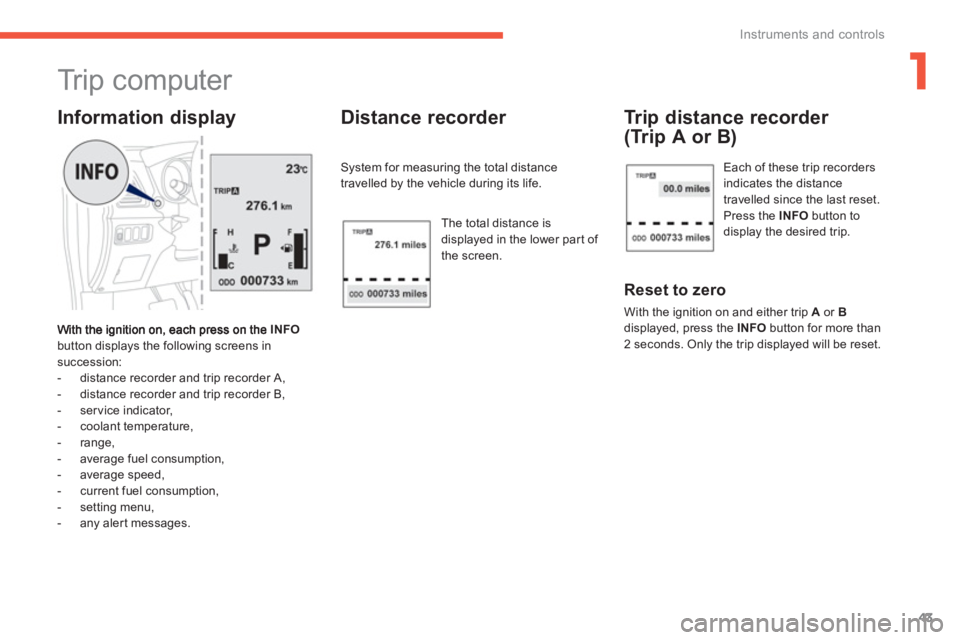 PEUGEOT 4008 2012 Service Manual 1
43
Instruments and controls
Tr i p c o m p u t e r
INFO
button displays the following screens in succession:
- distance recorder and trip recorder A,
- distance reco PEUGEOT 4008 2012 Service Manual 1
43
Instruments and controls
Tr i p c o m p u t e r
INFO
button displays the following screens in succession:
- distance recorder and trip recorder A,
- distance reco