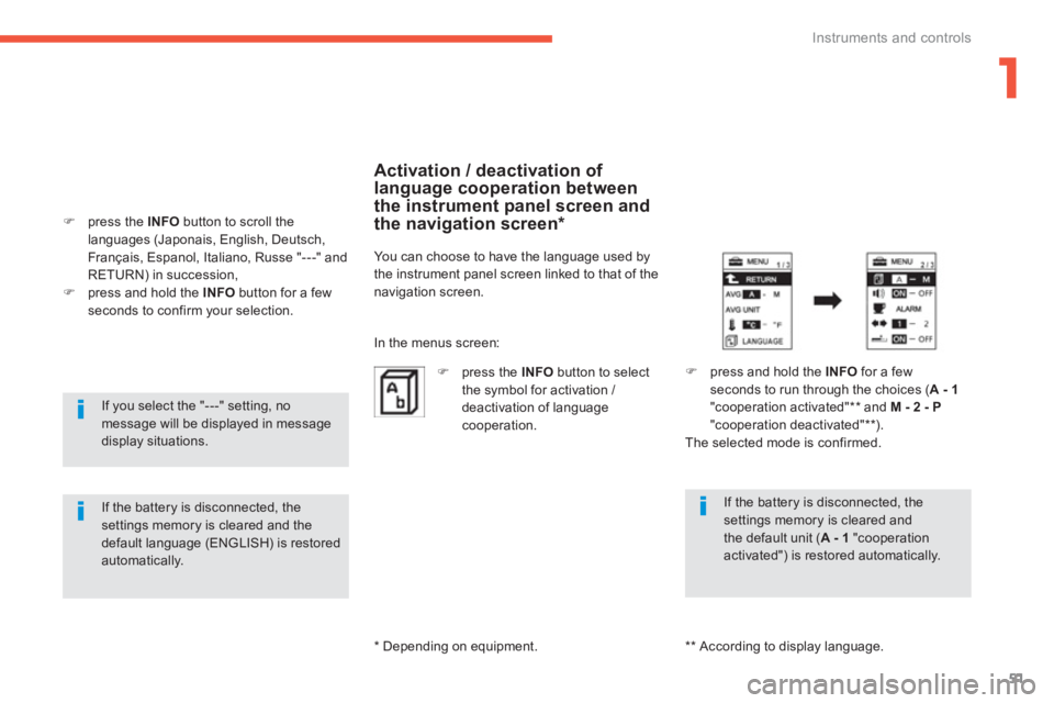 PEUGEOT 4008 2012 Workshop Manual 1
51
Instruments and controls
If you select the "---" setting, nomessage will be displayed in messagedisplay situations.
If the battery is disconnected, thesettings memory is cleared and the d PEUGEOT 4008 2012 Workshop Manual 1
51
Instruments and controls
If you select the "---" setting, nomessage will be displayed in messagedisplay situations.
If the battery is disconnected, thesettings memory is cleared and the d