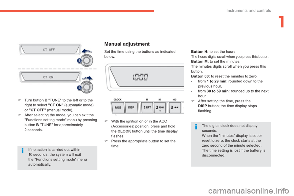 PEUGEOT 4008 2012 Workshop Manual 1
55
Instruments and controls
  If no action is carried out within 10 seconds, the system will exit the "Functions setting mode" menuautomatically.
�)Turn button B 
 "TUNE" to the left or to theright 