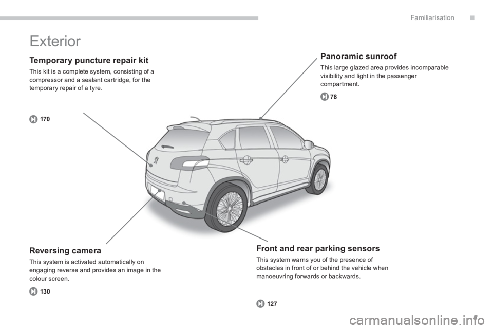 PEUGEOT 4008 2012  Owners Manual .
5
Familiarisation
   
Te m p o r a ry puncture repair kit
 
This kit is a complete system, consisting of acompressor and a sealant car tridge, for the 
temporary repair of a tyre.
170
   
Panoramic 