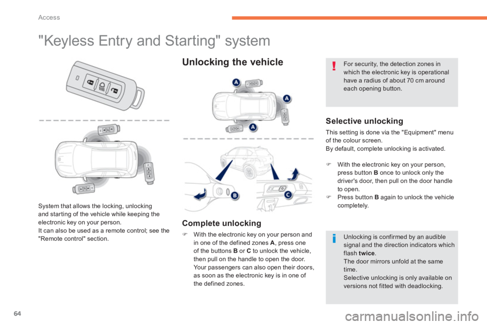 PEUGEOT 4008 2012 Repair Manual 64
Access
   
 
 
 
 
 
 
 
 
 
 
 
 
 
 
 
 
 
 
 
 
 
 
"Keyless Entry and Starting" system 
 
 
Selective unlocking
 This setting is done via the "Equipment" menuof the colour screen. 
  By default