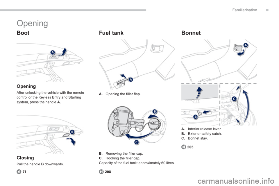 PEUGEOT 4008 2012  Owners Manual .
7
Familiarisation
  Opening 
 
 
Boot 
 
 
Opening 
 After unlocking the vehicle with the remotecontrol or the Keyless Entry and Star ting system, press the handle  A.
 
 
Closing
 
Pull the handle 