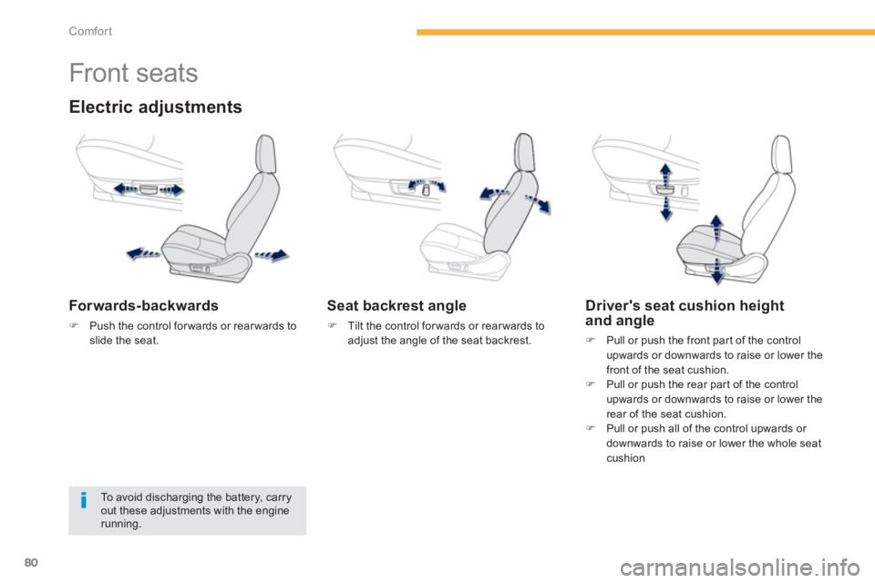 PEUGEOT 4008 2012 Manual Online 80
Comfort
   
 
 
 
 
 
 
 
 
 
 
Front seats 
Electric adjustments 
Forwards-backwards
�)Push the control forwards or rearwards toslide the seat.
 
 
Seat backrest angle
�) 
 Tilt the control forwar