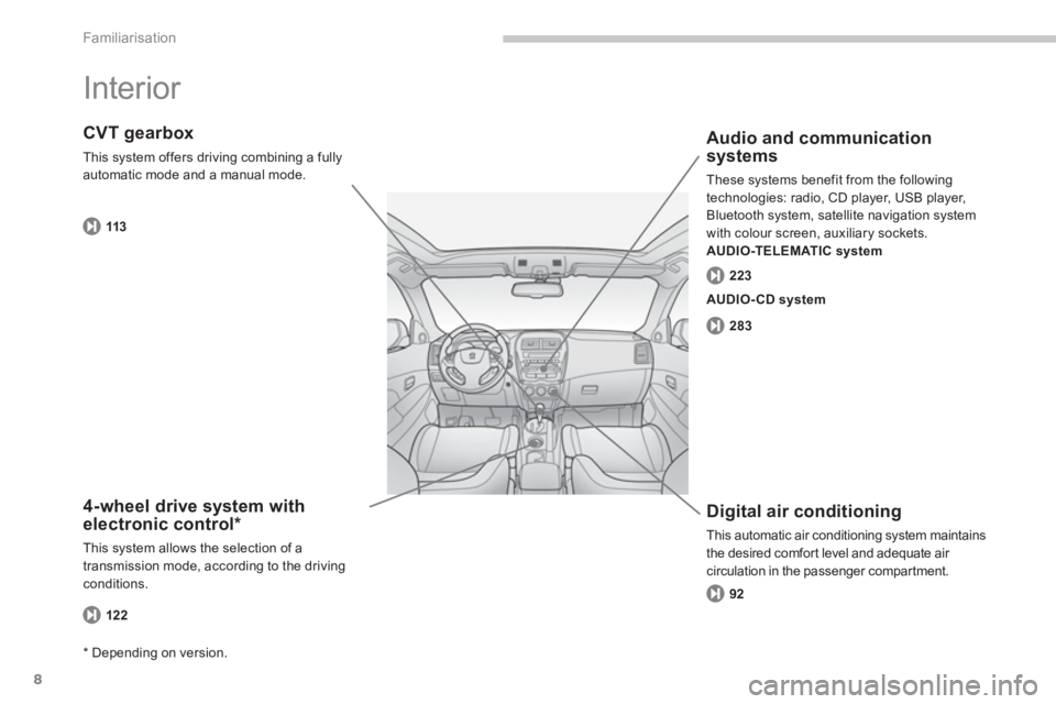 PEUGEOT 4008 2012  Owners Manual 8
Familiarisation
  Interior  
4-wheel drive system with
electronic control *
This system allows the selection of a
transmission mode, according to the drivingconditions.
CVT gearbox
This system offer