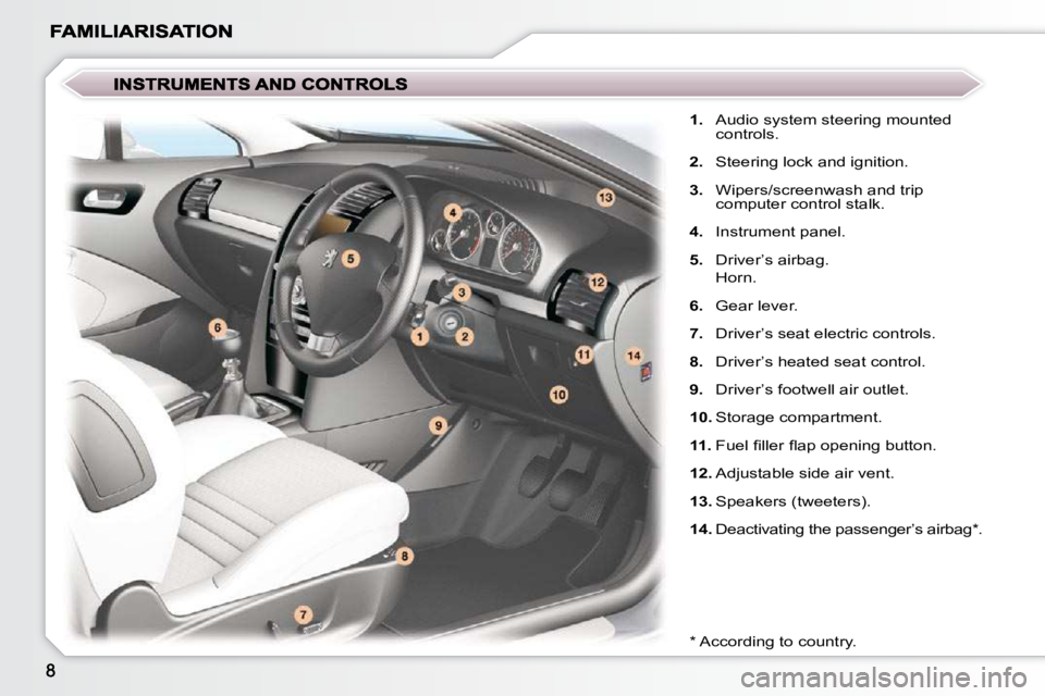 PEUGEOT 407 C 2010  Owners Manual � � �*� � � �A�c�c�o�r�d�i�n�g� �t�o� �c�o�u�n�t�r�y�.� � 
   
1. � �  �A�u�d�i�o� �s�y�s�t�e�m� �s�t�e�e�r�i�n�g� �m�o�u�n�t�e�d� 
controls. 
  
2. � �  �S�t�e�e�r�i�n�g� �l�o�c�k� �a�n�d� �i�g�n�i�t
