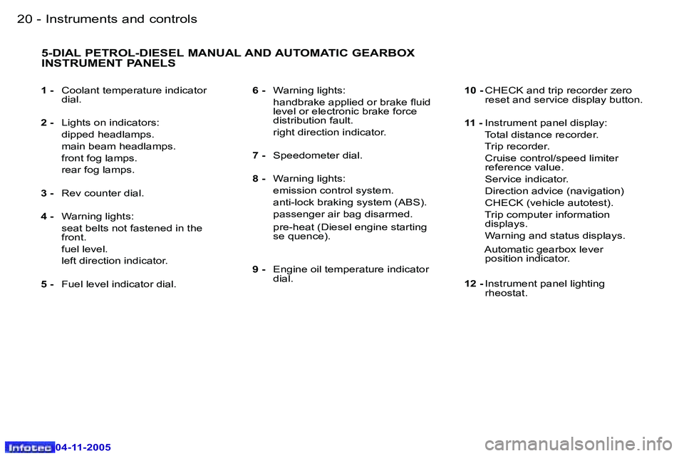 PEUGEOT 407 C 2005 User Guide �I�n�s�t�r�u�m�e�n�t�s� �a�n�d� �c�o�n�t�r�o�l�s�2�0 �-
�0�4�-�1�1�-�2�0�0�5
�2�1�I�n�s�t�r�u�m�e�n�t�s� �a�n�d� �c�o�n�t�r�o�l�s�-
�0�4�-�1�1�-�2�0�0�5
�1� �-� �C�o�o�l�a�n�t� �t�e�m�p�e�r�a�t�u�r�e�