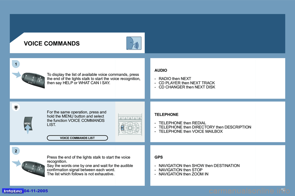 PEUGEOT 407 C 2005  Owners Manual �1�6
�2
�1
�0�4�-�1�1�-�2�0�0�5�0�4�-�1�1�-�2�0�0�5
�P�r�e�s�s� �t�h�e� �e�n�d� �o�f� �t�h�e� �l�i�g�h�t�s� �s�t�a�l�k� �t�o� �s�t�a�r�t� �t�h�e� �v�o�i�c
�e� 
�r�e�c�o�g�n�i�t�i�o�n�. 
�S�a�y� �t�h�e
