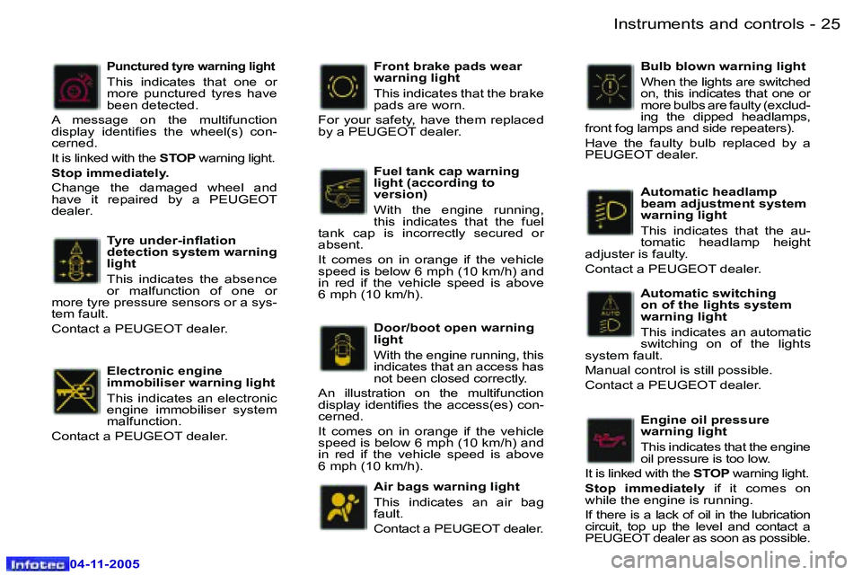PEUGEOT 407 C 2005 User Guide �I�n�s�t�r�u�m�e�n�t�s� �a�n�d� �c�o�n�t�r�o�l�s�2�4 �-
�0�4�-�1�1�-�2�0�0�5
�2�5�I�n�s�t�r�u�m�e�n�t�s� �a�n�d� �c�o�n�t�r�o�l�s�-
�0�4�-�1�1�-�2�0�0�5
�T�y�r�e� �u�n�d�e�r�-�i�n�l�a�t�i�o�n�  
�d�e�