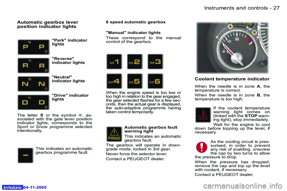 PEUGEOT 407 C 2005 User Guide �I�n�s�t�r�u�m�e�n�t�s� �a�n�d� �c�o�n�t�r�o�l�s�2�6 �-
�0�4�-�1�1�-�2�0�0�5
�2�7�I�n�s�t�r�u�m�e�n�t�s� �a�n�d� �c�o�n�t�r�o�l�s�-
�0�4�-�1�1�-�2�0�0�5
�C�o�o�l�a�n�t� �t�e�m�p�e�r�a�t�u�r�e� �i�n�d�