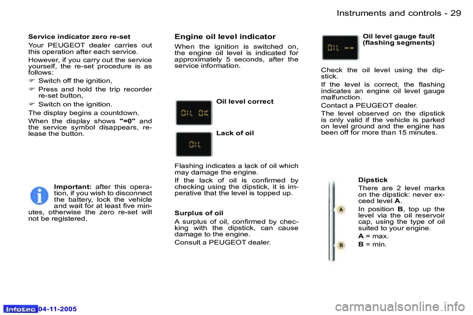 PEUGEOT 407 C 2005 Owners Manual �I�n�s�t�r�u�m�e�n�t�s� �a�n�d� �c�o�n�t�r�o�l�s�2�8 �-
�0�4�-�1�1�-�2�0�0�5
�2�9�I�n�s�t�r�u�m�e�n�t�s� �a�n�d� �c�o�n�t�r�o�l�s�-
�0�4�-�1�1�-�2�0�0�5
�S�e�r�v�i�c�e� �i�n�d�i�c�a�t�o�r� �z�e�r�o� �