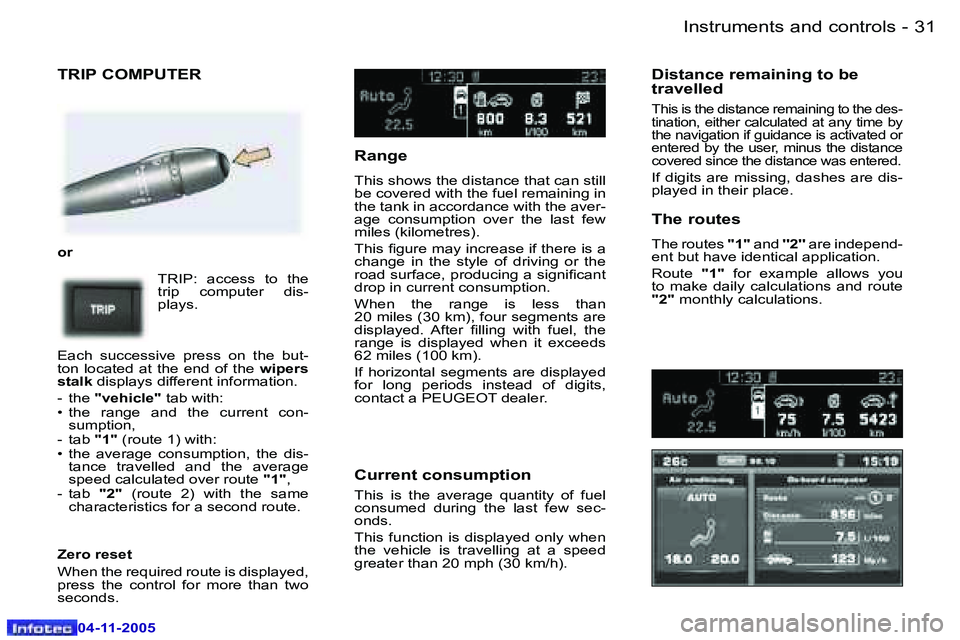 PEUGEOT 407 C 2005 Owners Manual �I�n�s�t�r�u�m�e�n�t�s� �a�n�d� �c�o�n�t�r�o�l�s�3�0 �-
�0�4�-�1�1�-�2�0�0�5
�3�1�I�n�s�t�r�u�m�e�n�t�s� �a�n�d� �c�o�n�t�r�o�l�s�-
�0�4�-�1�1�-�2�0�0�5
�T�R�I�P� �C�O�M�P�U�T�E�R
�o�r�T�R�I�P�:�  �a�
