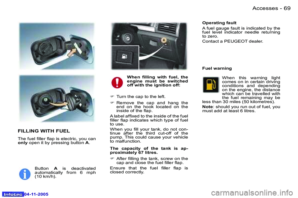 PEUGEOT 407 C 2005 Repair Manual �A�c�c�e�s�s�e�s�6�8 �-
�0�4�-�1�1�-�2�0�0�5
�6�9�A�c�c�e�s�s�e�s�-
�0�4�-�1�1�-�2�0�0�5
�F�I�L�L�I�N�G� �W�I�T�H� �F�U�E�L
�T�h�e� �f�u�e�l� �i�l�l�e�r� �l�a�p� �i�s� �e�l�e�c�t�r�i�c�,� �y�o�u� �c�a