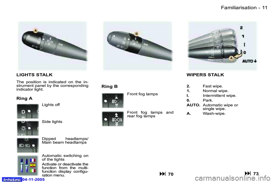 PEUGEOT 407 C 2005  Owners Manual �F�a�m�i�l�i�a�r�i�s�a�t�i�o�n�1�0 �-
�0�4�-�1�1�-�2�0�0�5
�1�1�F�a�m�i�l�i�a�r�i�s�a�t�i�o�n�-
�0�4�-�1�1�-�2�0�0�5
�L�I�G�H�T�S� �S�T�A�L�K
�T�h�e�  �p�o�s�i�t�i�o�n�  �i�s�  �i�n�d�i�c�a�t�e�d�  �o