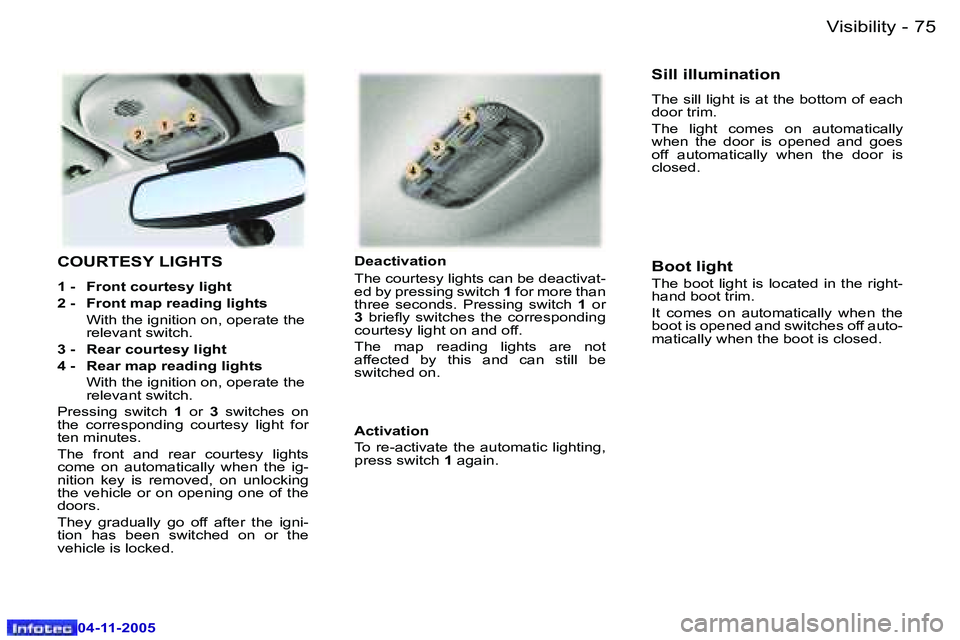 PEUGEOT 407 C 2005 Manual PDF �V�i�s�i�b�i�l�i�t�y�7�4 �-
�0�4�-�1�1�-�2�0�0�5
�7�5�V�i�s�i�b�i�l�i�t�y�-
�0�4�-�1�1�-�2�0�0�5
�C�O�U�R�T�E�S�Y� �L�I�G�H�T�S
�1� �-�  �F�r�o�n�t� �c�o�u�r�t�e�s�y� �l�i�g�h�t 
�2� �-�  �F�r�o�n�t� 