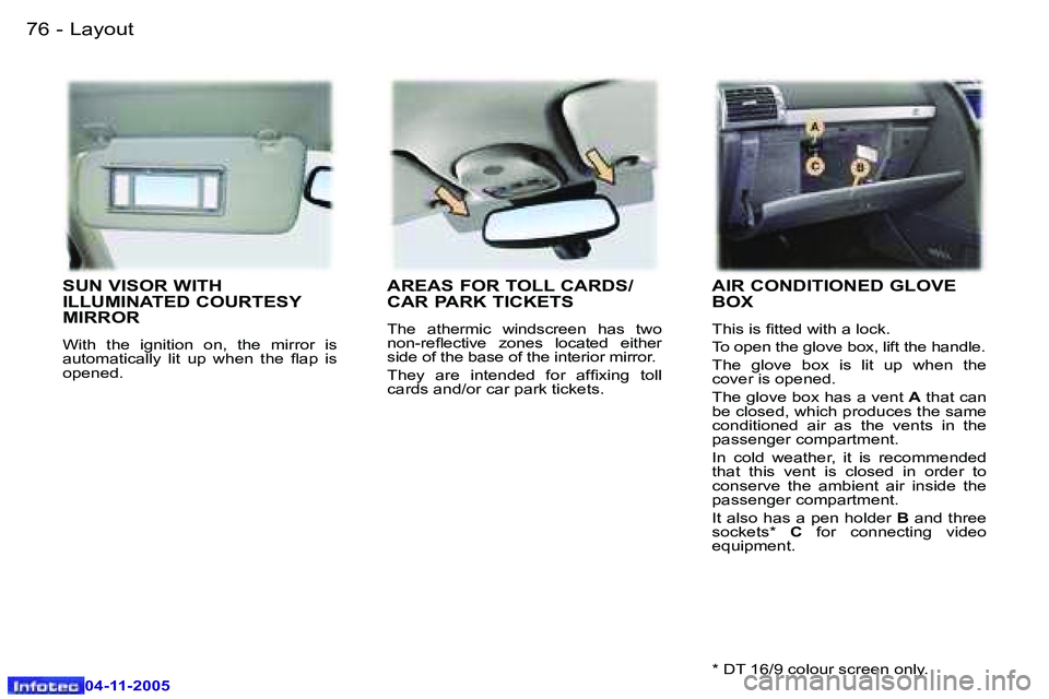 PEUGEOT 407 C 2005 Manual PDF �L�a�y�o�u�t�7�6 �-
�0�4�-�1�1�-�2�0�0�5
�7�7�L�a�y�o�u�t�-
�0�4�-�1�1�-�2�0�0�5
�S�U�N� �V�I�S�O�R� �W�I�T�H�  
�I�L�L�U�M�I�N�A�T�E�D� �C�O�U�R�T�E�S�Y� 
�M�I�R�R�O�R
�W�i�t�h�  �t�h�e�  �i�g�n�i�t�