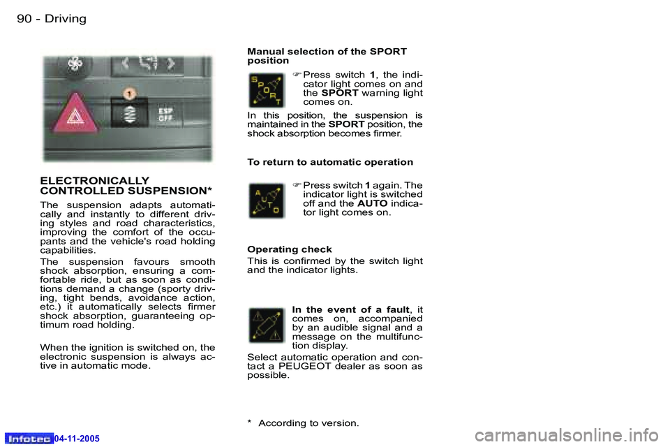 PEUGEOT 407 C 2005  Owners Manual �D�r�i�v�i�n�g�9�0 �-
�0�4�-�1�1�-�2�0�0�5
�9�1�D�r�i�v�i�n�g�-
�0�4�-�1�1�-�2�0�0�5
�F� �P�r�e�s�s�  �s�w�i�t�c�h�  �1�,�  �t�h�e�  �i�n�d�i�-
�c�a�t�o�r� �l�i�g�h�t� �c�o�m�e�s� �o�n� �a�n�d�  
�t�h