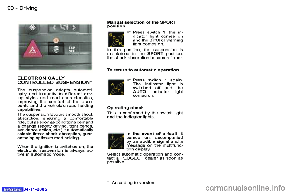 PEUGEOT 407 C DAG 2005  Owners Manual �9�0 �-
�0�4�-�1�1�-�2�0�0�5
�9�1
�-
�0�4�-�1�1�-�2�0�0�5
�F
� �P�r�e�s�s�  �s�w�i�t�c�h�  �1�,�  �t�h�e�  �i�n�-
�d�i�c�a�t�o�r�  �l�i�g�h�t�  �c�o�m�e�s�  �o�n�  
�a�n�d� �t�h�e�  �S�P�O�R�T� �w�a�r