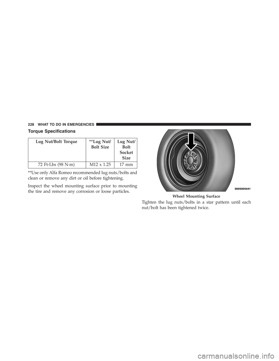 PEUGEOT 4C 2015 Owners Manual Torque Specifications
Lug Nut/Bolt Torque **Lug Nut/
Bolt SizeLug Nut/
Bolt
Socket
Size
72 Ft-Lbs (98 N·m) M12 x 1.25 17 mm
**Use only Alfa Romeo recommended lug nuts/bolts and
clean or remove any di PEUGEOT 4C 2015 Owners Manual Torque Specifications
Lug Nut/Bolt Torque **Lug Nut/
Bolt SizeLug Nut/
Bolt
Socket
Size
72 Ft-Lbs (98 N·m) M12 x 1.25 17 mm
**Use only Alfa Romeo recommended lug nuts/bolts and
clean or remove any di