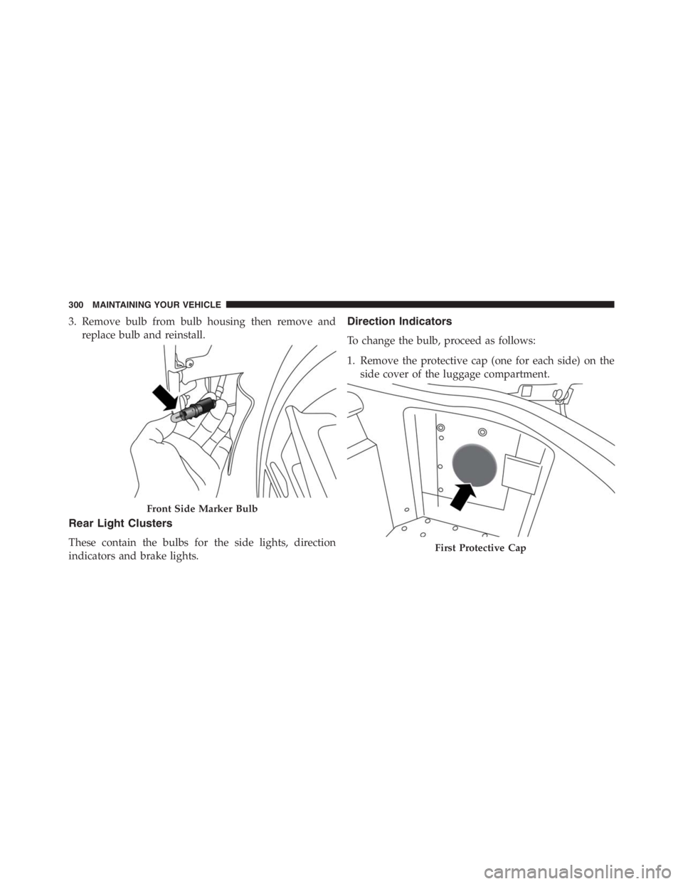 PEUGEOT 4C 2015  Owners Manual 3. Remove bulb from bulb housing then remove and
replace bulb and reinstall.
Rear Light Clusters
These contain the bulbs for the side lights, direction
indicators and brake lights.
Direction Indicator
