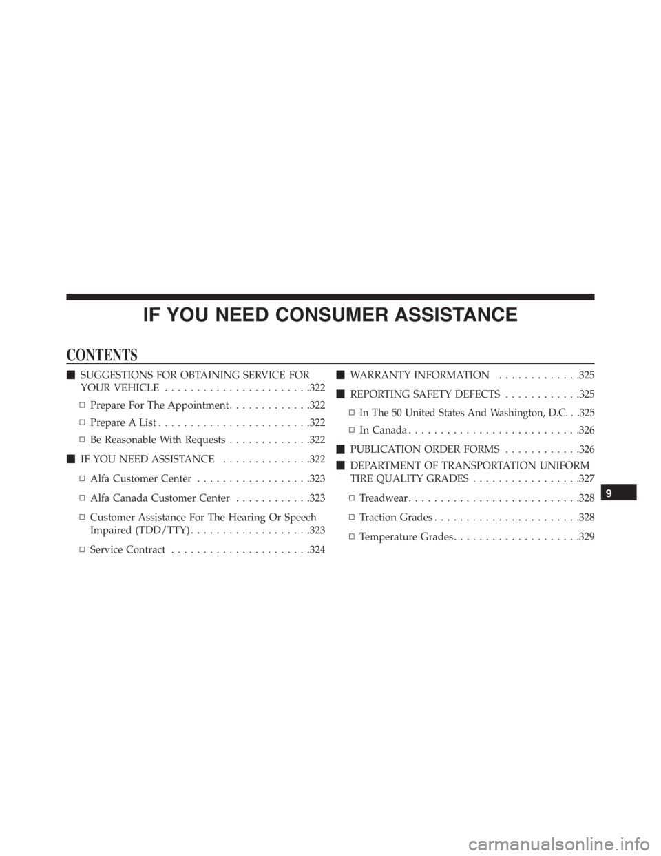 PEUGEOT 4C 2015  Owners Manual IF YOU NEED CONSUMER ASSISTANCE
CONTENTS
SUGGESTIONS FOR OBTAINING SERVICE FOR
YOUR VEHICLE.......................322
▫Prepare For The Appointment.............322
▫Prepare A List.................
