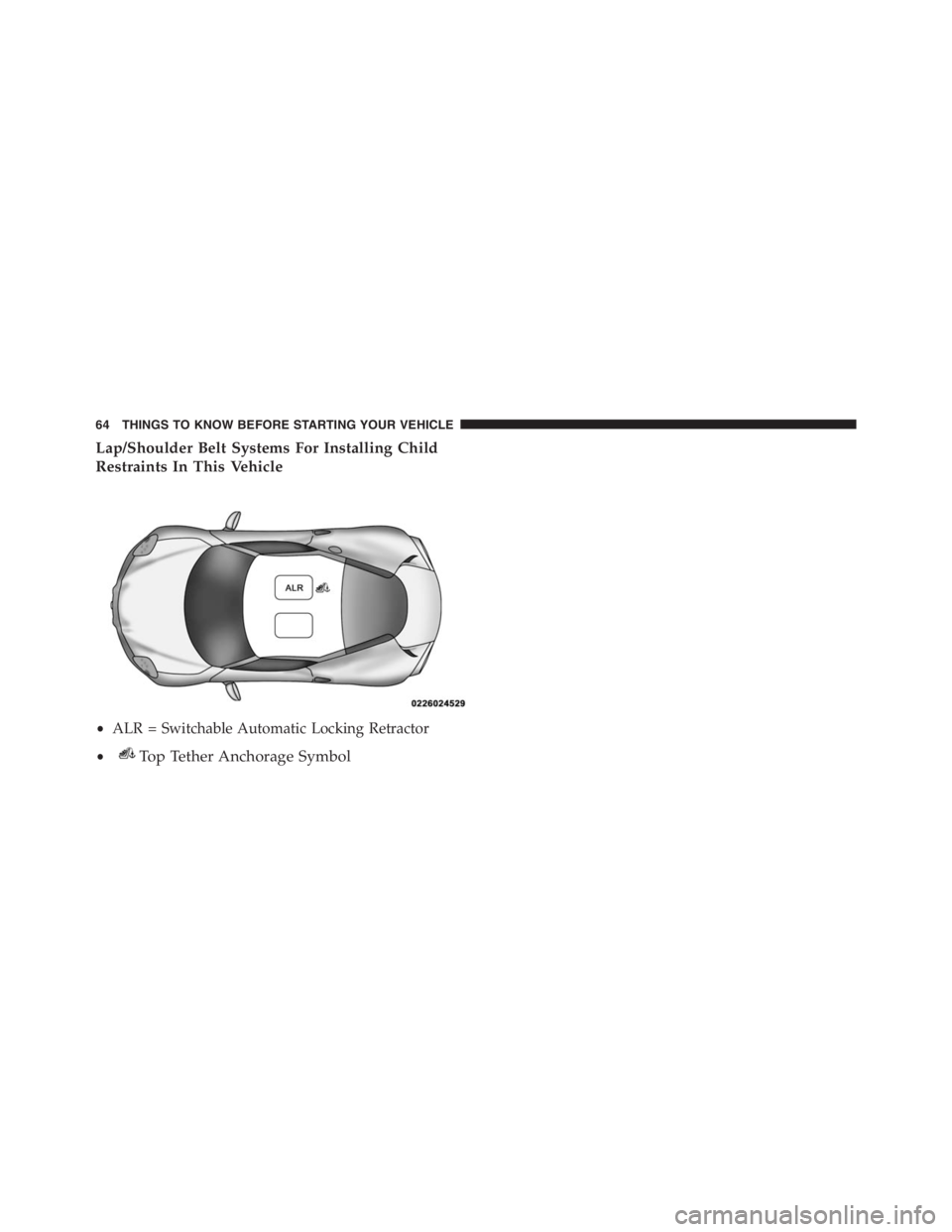 PEUGEOT 4C 2015 Repair Manual Lap/Shoulder Belt Systems For Installing Child
Restraints In This Vehicle
•ALR = Switchable Automatic Locking Retractor
•
Top Tether Anchorage Symbol
64 THINGS TO KNOW BEFORE STARTING YOUR VEHICLE PEUGEOT 4C 2015 Repair Manual Lap/Shoulder Belt Systems For Installing Child
Restraints In This Vehicle
•ALR = Switchable Automatic Locking Retractor
•
Top Tether Anchorage Symbol
64 THINGS TO KNOW BEFORE STARTING YOUR VEHICLE