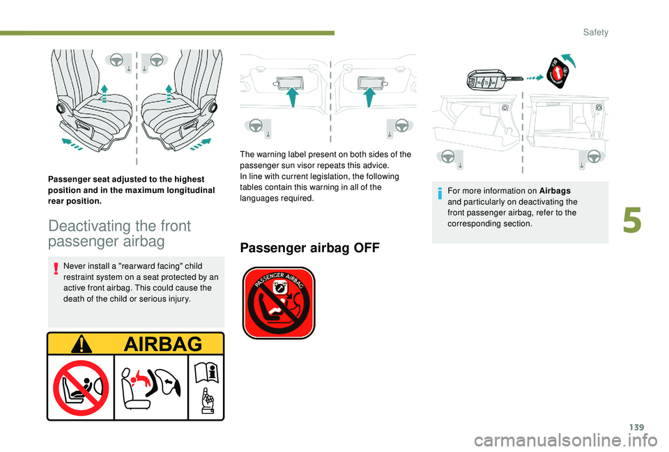 PEUGEOT 5008 2018 Owners Manual 139
Passenger seat adjusted to the highest
position and in the maximum longitudinal
rear position.
Deactivating the front
passenger airbag
Never install a "rear ward facing" child
r estrai PEUGEOT 5008 2018 Owners Manual 139
Passenger seat adjusted to the highest
position and in the maximum longitudinal
rear position.
Deactivating the front
passenger airbag
Never install a "rear ward facing" child
r estrai