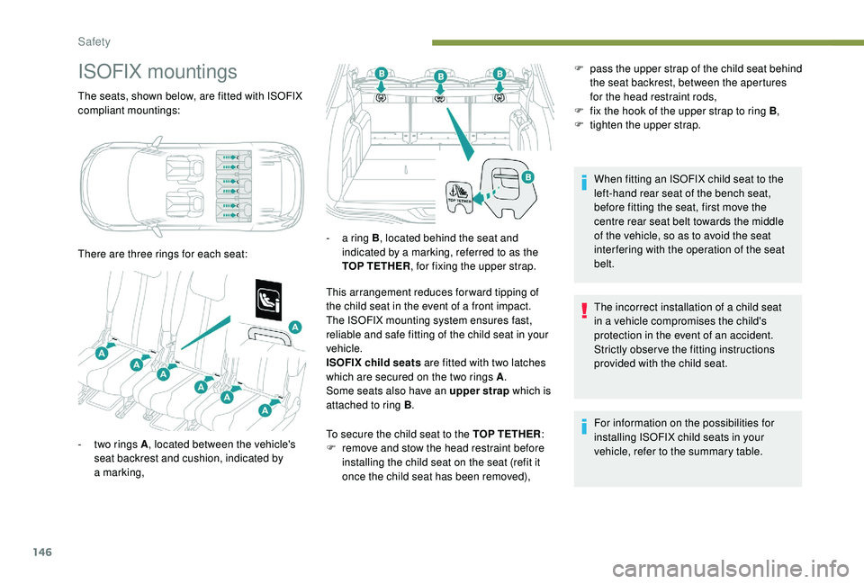 PEUGEOT 5008 2018 Owners Manual 146
ISOFIX mountings
The seats, shown below, are fitted with ISOFIX
compliant mountings:
There are three rings for each seat:This arrangement reduces forward tipping of
the child seat in the event o PEUGEOT 5008 2018 Owners Manual 146
ISOFIX mountings
The seats, shown below, are fitted with ISOFIX
compliant mountings:
There are three rings for each seat:This arrangement reduces forward tipping of
the child seat in the event o
