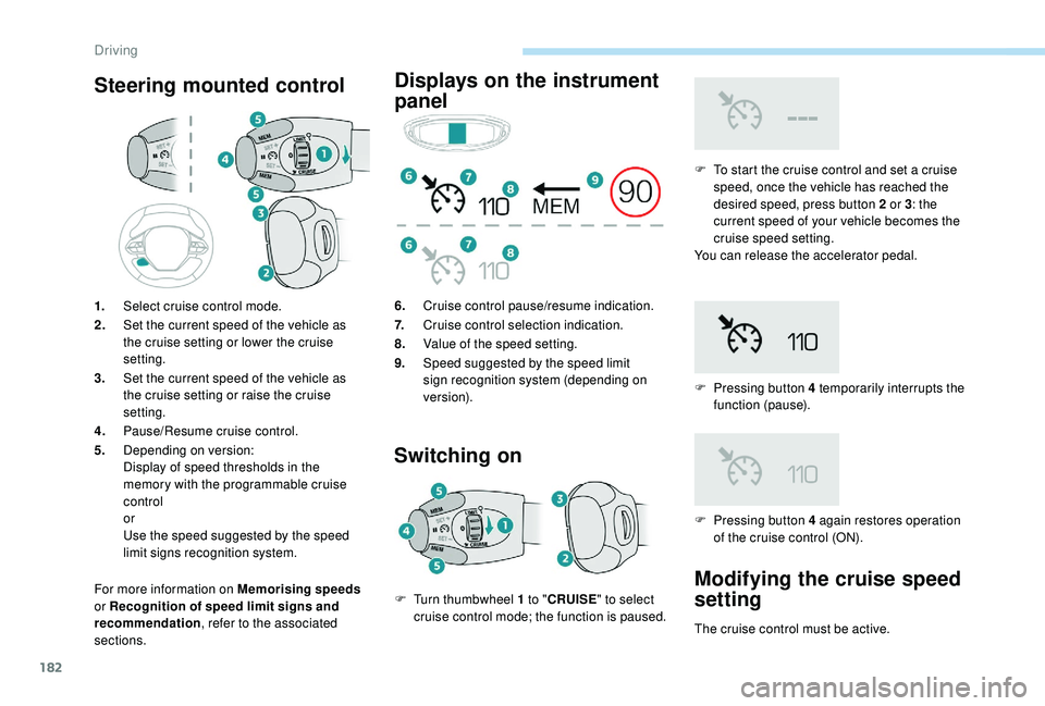 PEUGEOT 5008 2018 Owners Manual 182
Steering mounted control
For more information on Memorising speeds
or Recognition of speed limit signs and
recommendation , refer to the associated
sections.
Displays on the instrument
panel
S PEUGEOT 5008 2018 Owners Manual 182
Steering mounted control
For more information on Memorising speeds
or Recognition of speed limit signs and
recommendation , refer to the associated
sections.
Displays on the instrument
panel
S