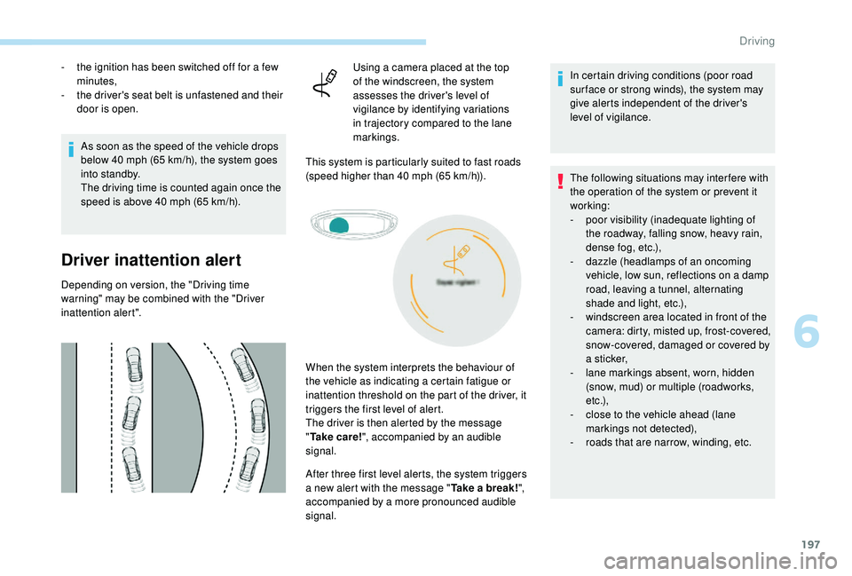 PEUGEOT 5008 2018 Owners Manual 197
- the ignition has been switched off for a few
minutes,
-
t
he driver's seat belt is unfastened and their
door is open.
As soon as the speed of the vehicle drops
below 40
mph (65 km PEUGEOT 5008 2018 Owners Manual 197
- the ignition has been switched off for a few
minutes,
-
t
he driver's seat belt is unfastened and their
door is open.
As soon as the speed of the vehicle drops
below 40
mph (65 km