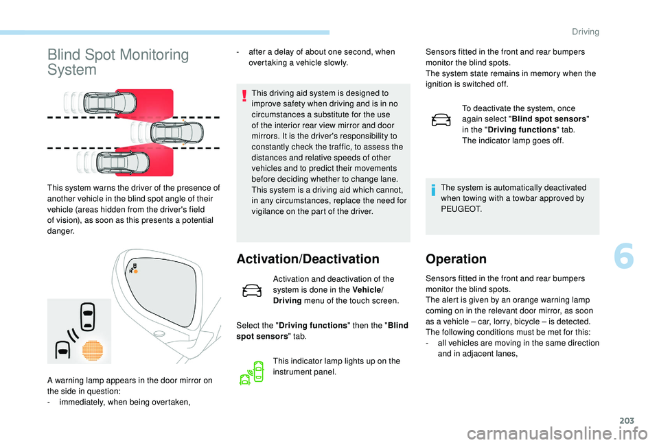 PEUGEOT 5008 2018 Owners Manual 203
Blind Spot Monitoring
System
This driving aid system is designed to
improve safety when driving and is in no
circumstances a substitute for the use
of the interior rear view mirror and door
PEUGEOT 5008 2018 Owners Manual 203
Blind Spot Monitoring
System
This driving aid system is designed to
improve safety when driving and is in no
circumstances a substitute for the use
of the interior rear view mirror and door