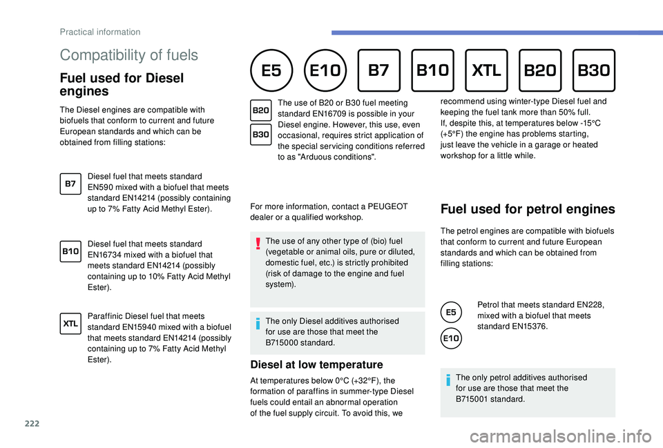 PEUGEOT 5008 2018 Owners Manual 222
Compatibility of fuels
Fuel used for Diesel
engines
The Diesel engines are compatible with
biofuels that conform to current and future
European standards and which can be
obtained from f PEUGEOT 5008 2018 Owners Manual 222
Compatibility of fuels
Fuel used for Diesel
engines
The Diesel engines are compatible with
biofuels that conform to current and future
European standards and which can be
obtained from f