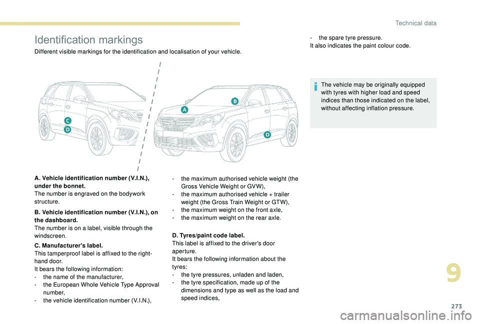 PEUGEOT 5008 2018 Owners Manual 273
Identification markings
Different visible markings for the identification and localisation of your vehicle.
A. Vehicle identification number (V.I.N.), 
under the bonnet.
The number is engraved on 