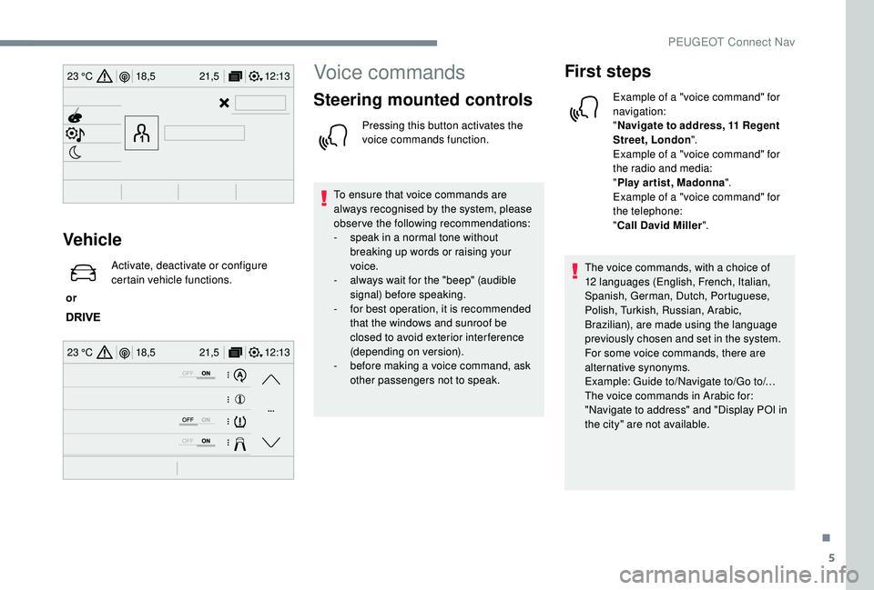 PEUGEOT 5008 2018 Owners Manual 5
12:13
18,5 21,5
23 °C
12:13
18,5 21,5
23 °C
Vehicle
 or  Activate, deactivate or configure 
certain vehicle functions.
Voice commands
Steering mounted controls
Pressing this button activates the 
