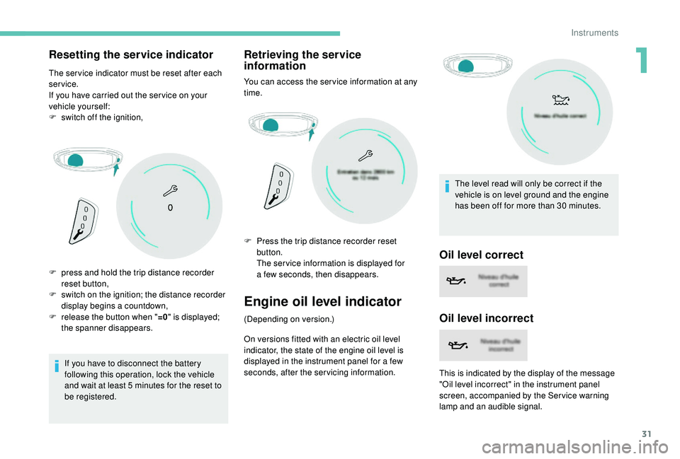 PEUGEOT 5008 2018 Owners Guide 31
Resetting the service indicator
The ser vice indicator must be reset after each
service.
If you have carried out the ser vice on your
vehicle yourself:
F
s
witch off the ignition,
If you have t PEUGEOT 5008 2018 Owners Guide 31
Resetting the service indicator
The ser vice indicator must be reset after each
service.
If you have carried out the ser vice on your
vehicle yourself:
F
s
witch off the ignition,
If you have t