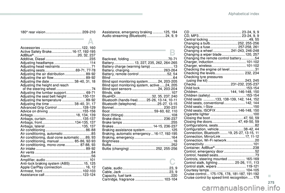 PEUGEOT 5008 2018  Owners Manual 275
Accessories .......................................... 12 2, 16 0
Active Safety Brake..................... 16 -17, 19 2-19 5
AdBlue
® ............................................. 2 0, 32, 237
Ad