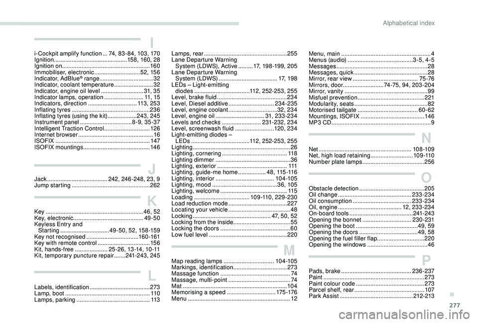 PEUGEOT 5008 2018  Owners Manual 277
Key ............................................................ 46, 52
Key, electronic  ........................................... 49-50
Keyless Entry and   Starting
 

.........................