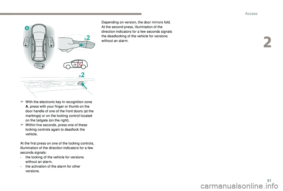 PEUGEOT 5008 2018 Workshop Manual 51
Depending on version, the door mirrors fold.
At the second press, illumination of the 
direction indicators for a  few seconds signals 
the deadlocking of the vehicle for versions 
without an alarm