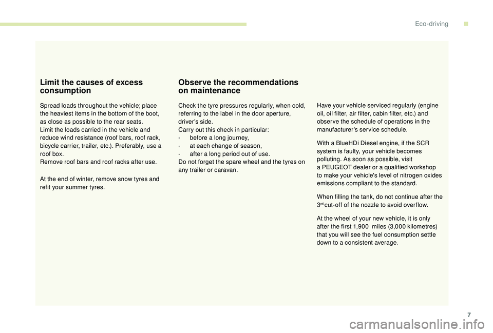 PEUGEOT 5008 2018 Owners Manual 7
Limit the causes of excess
consumption
Spread loads throughout the vehicle; place
the heaviest items in the bottom of the boot,
as close as possible to the rear seats.
Limit the loads carried in PEUGEOT 5008 2018 Owners Manual 7
Limit the causes of excess
consumption
Spread loads throughout the vehicle; place
the heaviest items in the bottom of the boot,
as close as possible to the rear seats.
Limit the loads carried in