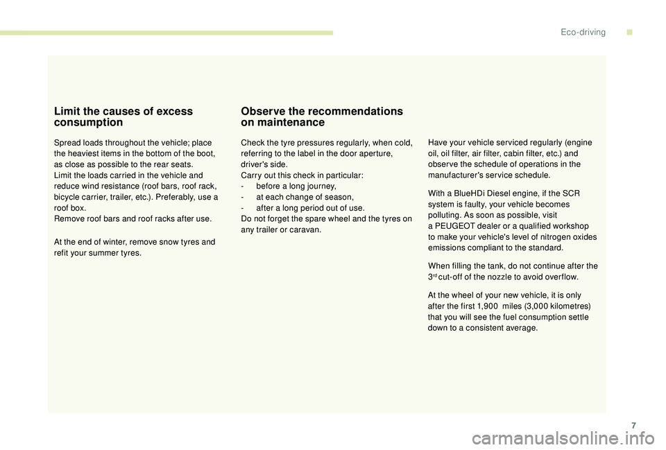 PEUGEOT 5008 2018  Owners Manual 7
Limit the causes of excess 
consumption
Spread loads throughout the vehicle; place 
the heaviest items in the bottom of the boot, 
as close as possible to the rear seats.
Limit the loads carried in 