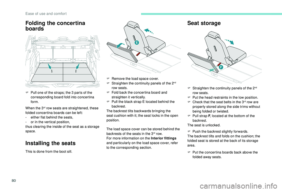 PEUGEOT 5008 2018 Manual Online 80
Folding the concertina 
boards
When the 3rd row seats are straightened, these 
folded concertina boards can be left:
-
 ei

ther flat behind the seats,
-
 
o

r in the vertical position,
thus clear