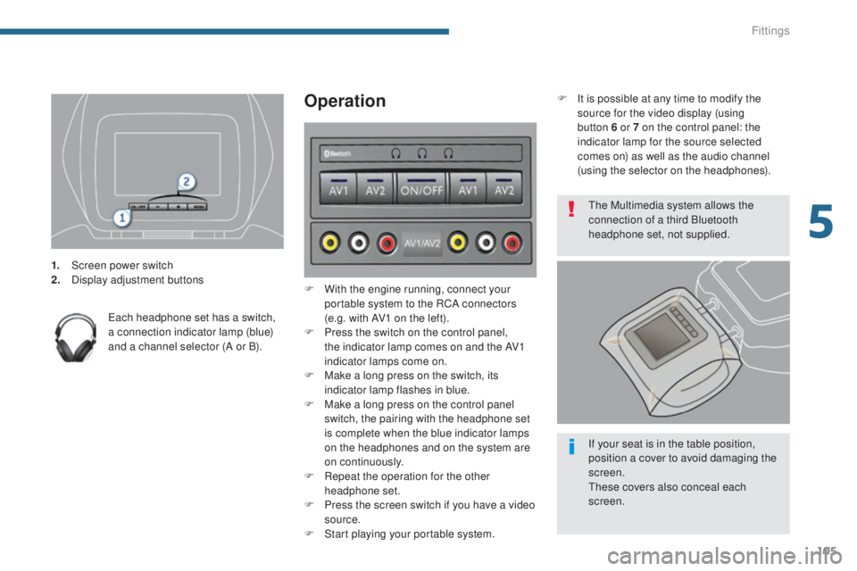 PEUGEOT 5008 2016  Owners Manual 105
5008_en_Chap05_amenagements_ed01-2015
1. Screen power switch
2. Display adjustment buttons
Each headphone set has a switch, 
a connection indicator lamp (blue) 
and a channel selector (A or B).
Op